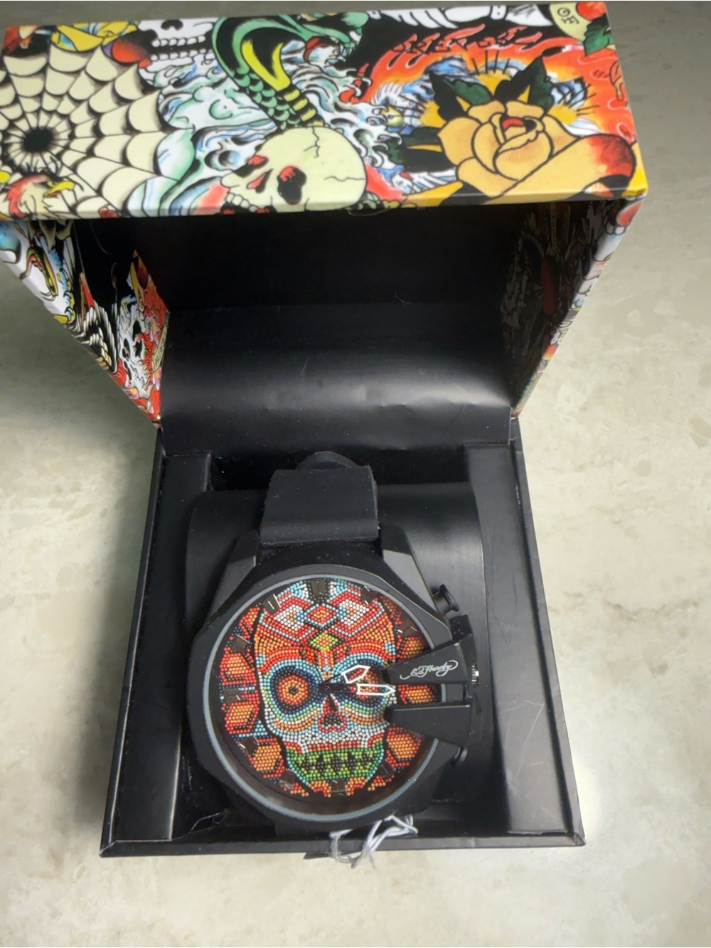 NWT Ed Hardy Men's Matte Black Silicone Strap Watch Skull Dial 50661BB